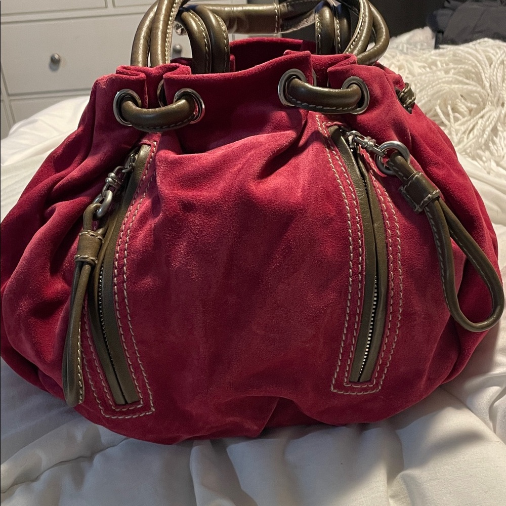 Rena Lange Red Suede Shoulder Bag with Brown Trim